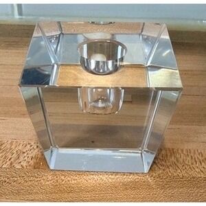 Bohemia Crystal Candle Holder Square Block Heavy Lead Glass Taper MCM Clear